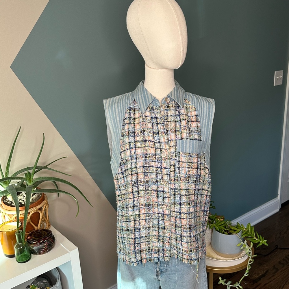 Mystree Tweed Sleeveless Vest NWT Boho Chic Cottagecore Raw Hem Button-Up Top S - Picture 2 of 14